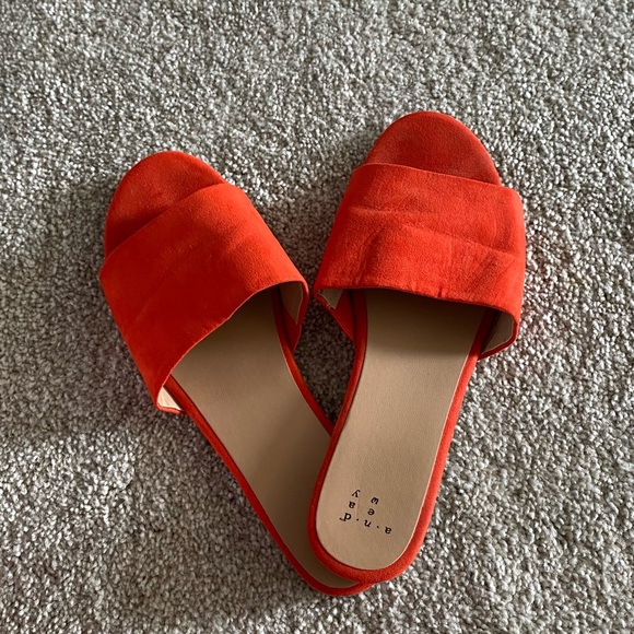 Red/orange faux suede slip on flat sandals. - Picture 3 of 3